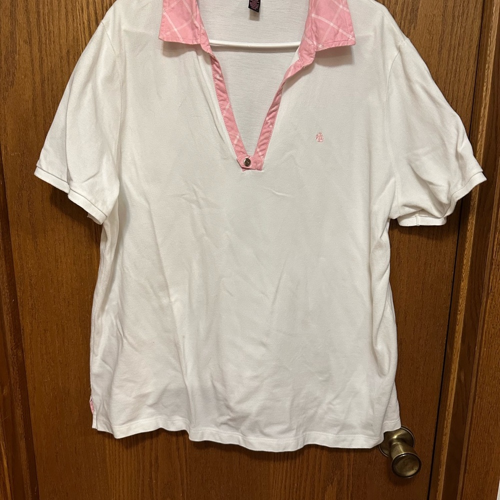 White Polo Shirt with Pink Collar